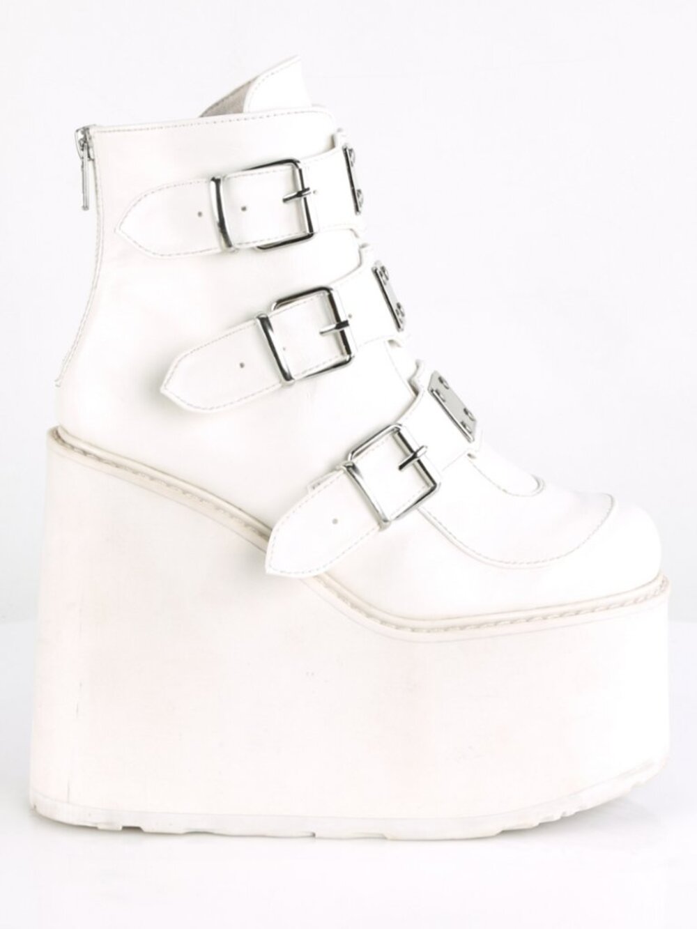 White Vegan Leather Ankle Boots with Triple Buckle Straps